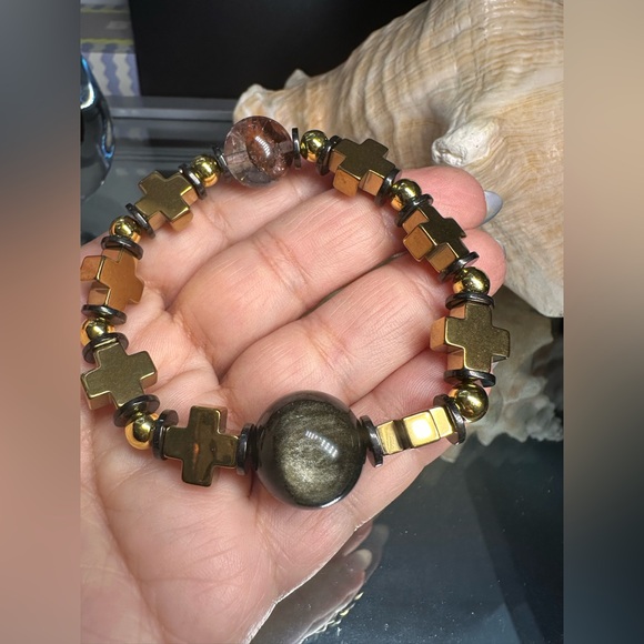 HEMATITE + GOLD OBSIDIAN + PHANTOM NATURAL STONES  BRACELET size 7” - Picture 8 of 15